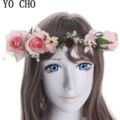 YO CHO Handmade Christmas Fabric Peony Rose Flower Crown Bridal Hair Accessories Prom Garland for Kids Bridesmaid flower wreath