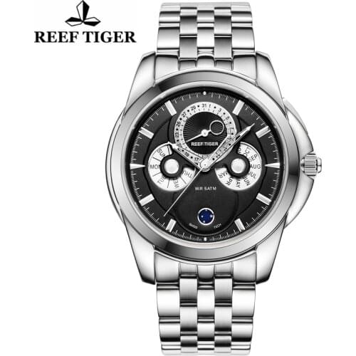 REEF TIGER Original Mens Fashion Casual Japan Miyota Quartz Wristwatches Chronograph Multi Functions Stainless Steel Sapphire