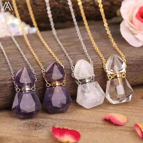 Exclusive Women Natural Quartz Crystal Perfume Bottle Pendant Chains Necklace Women Stone Beads Vial Gold Necklace Dropship