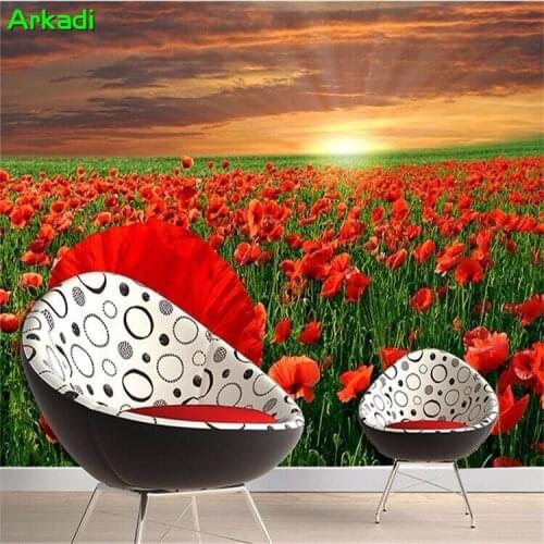 Photo wallpaper 3D modern minimalist sofa background sunset red flower sea sunny flower decoration painting poppy garden 3d wall