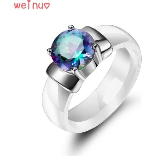 Weinuo Rainbow Fire Mystic Crystal Zircon Ring Solid 925 Sterling Silver Jewelry Best Gift For Women White Ceramic Wedding Ring