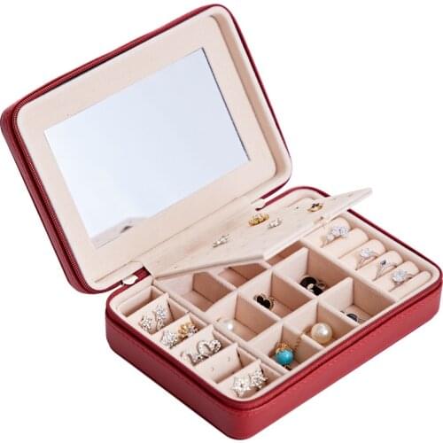 MOONLAY The New Portable PU Leather Simple Earrings Jewelry Box Zipper Rings with Hook or Mirror Jewelry Storage Display Box