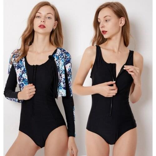 Two-piece suit Women Rashguard Long Sleeve/Sleeveless Zip UV Protection Print Surfing Swimsuit bra pad Swimwear Bathing Suits