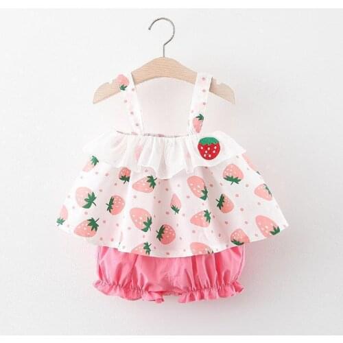 Girls Summer Clothes Vest And Shorts Set Children Clothing Korean Fashion Printing Strawberry Lace Two-piece Suits 2021 New