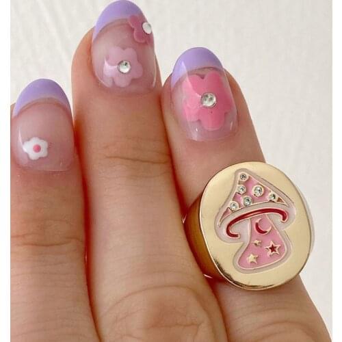 2021 Summer Women Jewelry Cute Pink Enamel Mushroom Rings New Fashion Wide Finger Ring Size 7
