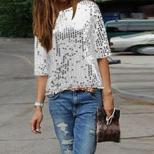 2020 Hot Womens Casual Sequin Crew Neck T-Shirt Half Sleeve Tops Plus Size Relaxed Leisure Fashion Trend Nightclub New