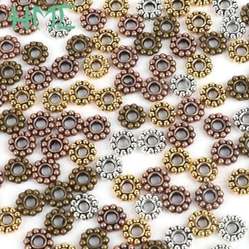 50pcs/lot 6mm Daisy Flower Metal Bead Gold Tibetan Rondelle Spacer Beads For Jewelry Making DIY Earring Necklace Bracelet