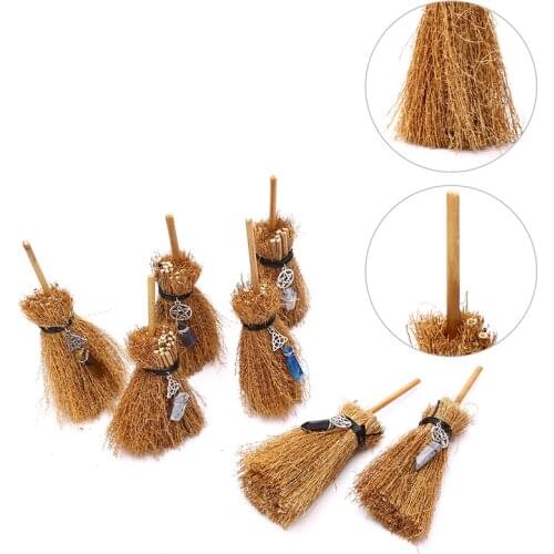 Mini Witch Broom Witchcraft Dust Removal Broom Wicca Celtic Pentagram Accessories Raw Crystal Wicca Altar Broom