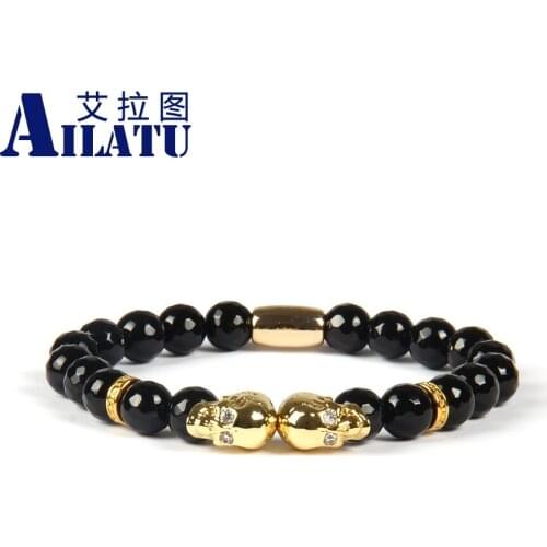 Ailatu Fashion Jewelry Wholesale 8mm Faceted Black Onyx Stone with Micro Pave Double Skull Beaded Bracelet for Men