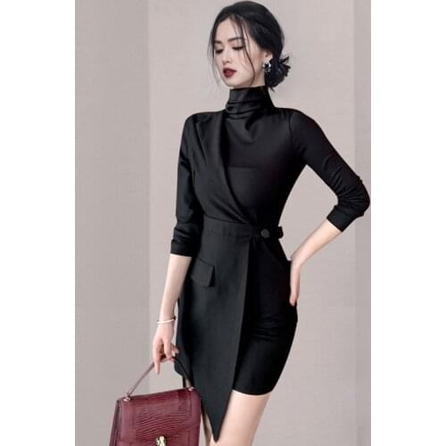 2021 Spring Autumn New Elegant Ladies Irregular High Collar Fashion OL Style Dress Long Sleeve Fake Two Piece Tight Dress Y875