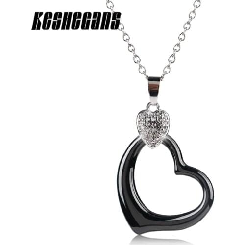New Design Unique Double Heart Pendant Necklace Black White Ceramic Heart With Full Of Crystal Metal Heart Women Fashion Jewelry