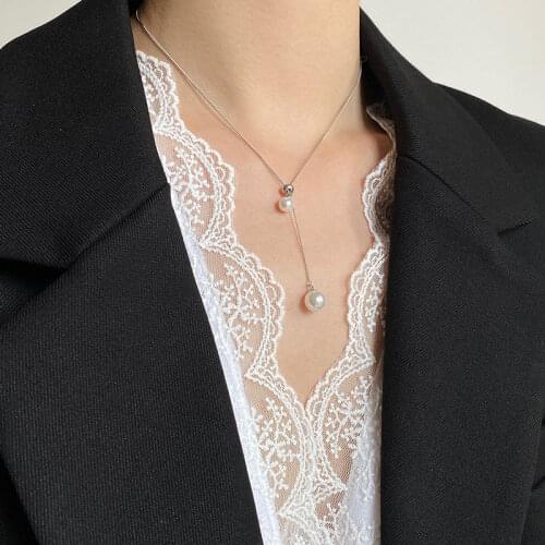 100% 925 Sterling Silver Adjustable Pendant Necklace For Women, Simple Double Simulated Pearls Chokers Necklaces Neck Jewelry