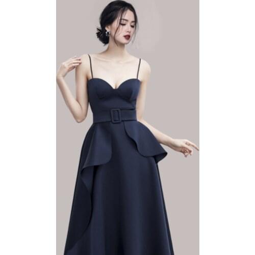 Navy Blue Sexy Spaghetti Strap Summer Party Dress Korean High Waist with Belt A-Line Long Midi Dress Ruffles Sleeveless C429