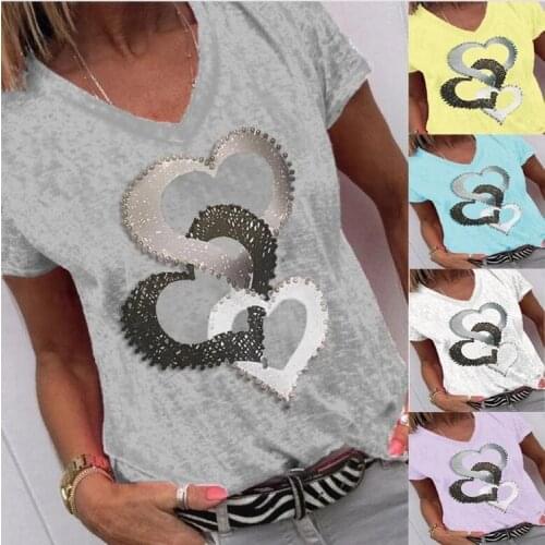 Causal T-shirt Women Fashion Summer Harajuku Heart Printed V-neck T-Shirts Oversize Short Sleeve Ladies Tshirt Tees Plus Size
