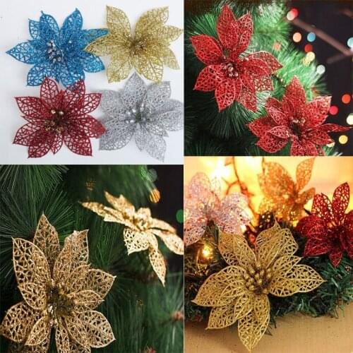 10pc Christmas Artificial Flowers Plastic Simulation Christmas Glitter Wedding Artificial flowers Valentines Day Decoration 5Z