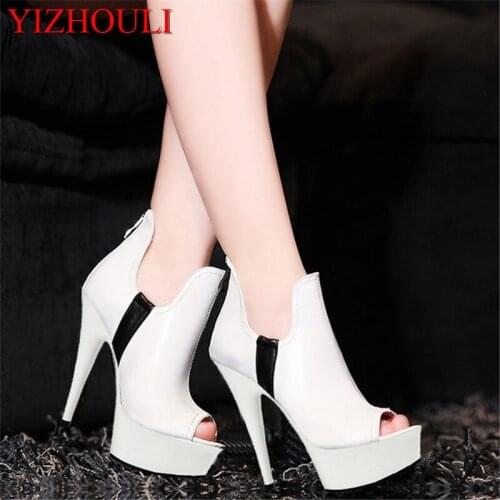 15cm Crazy for the bride wedding shoes white black is available food fish mouth single centimeters high heel shoes