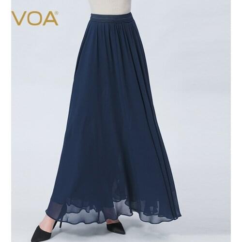 VOA Silk Georgette Blue Natural Waist Double-layer Solid Color Fold Joker Material Splicing Literary A-LINE Skirts Womens CE120