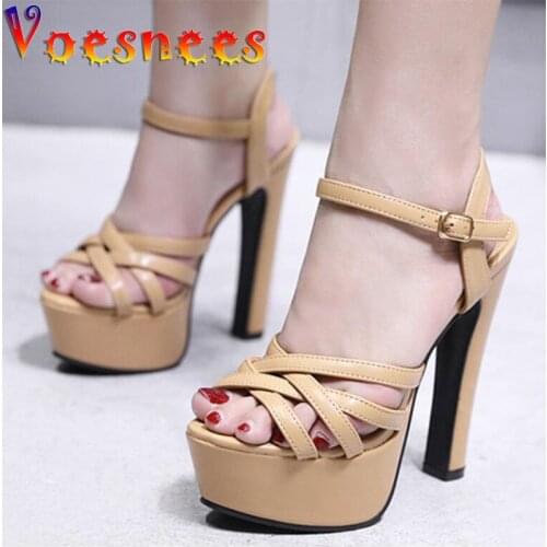 Voesnees 2021 Woman Shoes Braided Hollow Out Vamp 14CM High Heels Fashion Concise Platform Sandals Buckle Strap Thick Heel Shoes