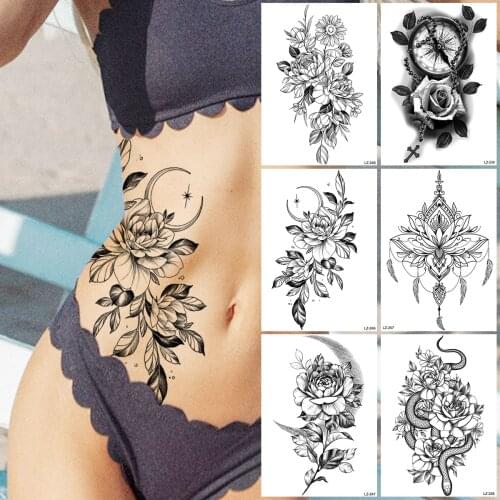 Moon Peony Flower Moon Temporary Tattoos For Women Adults Realistic Snake Henna Florals Fake Tattoo Sticker Waist Tatoos Thigh