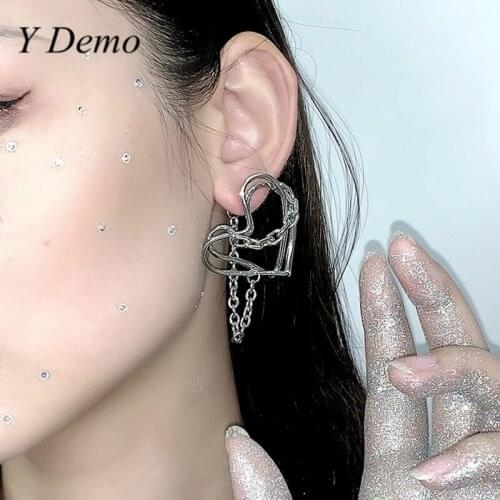 Y Demo 1 Pair Harajuku Punk Heart Shaped Earring Women Casual Sweet Lovely Hollow Out Chains Earrings New