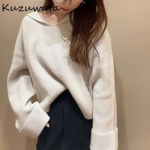 Kuzuwata Japanese Jumper 2021 Autumn Winter New Sweater Women Sweet Simple Solid Sailor Collar Long Sleeve Rib Knitted Pullover