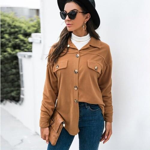 Autumn Women Casual Fleece Shirt Coat Long Sleeve Lapel Button Vintage Shirts 2021 Office Black Khaki Fashion Loose Ladies Top