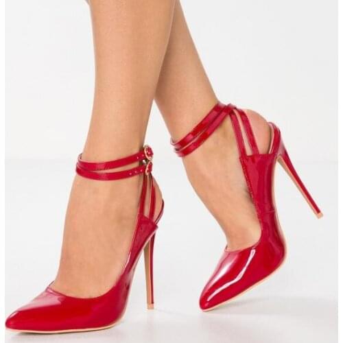 Moraima Snc Red Patent Leather Closed Toe Ankle Strap Heels Slingback Pumps Woman Sexy Party Dress Shoes Wedding Heels