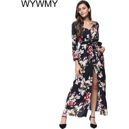 Womens Maxi Dress Long Sleeve Beach Floral Sexy V Neck Sashes Flower Printed Women Long Dress Boho Split Elegant Ladies Dresses
