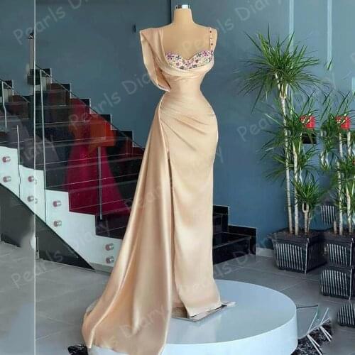 SlinkyMuslim Mermaid Evening Dresses Saudi Arabia Sweetheart Crystal Beaded Formal Party Prom Gowns Pleated Robe De Soiree