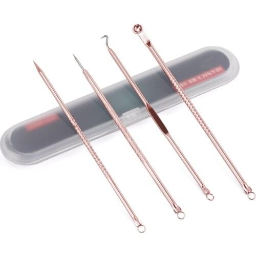 4pcs/set Rose Gold Blackhead Remover Tool Kit Blackhead Acne Comedone Pimple Blemish Extractor Black Spots Pore Cleanser Tool