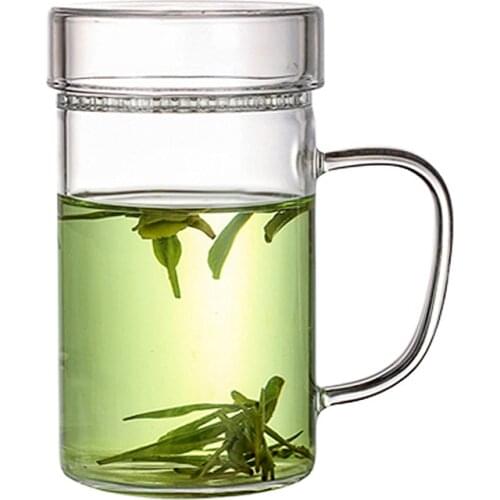 400ML thick transparent glass creative filter glass cup lid handle single-layer glass lemonade cup heat-resistant round Chinese