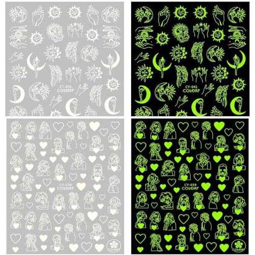 Abstract nail decals designer glow in dark night sun star flowers geometric thin foils luminous nail art decal WG102