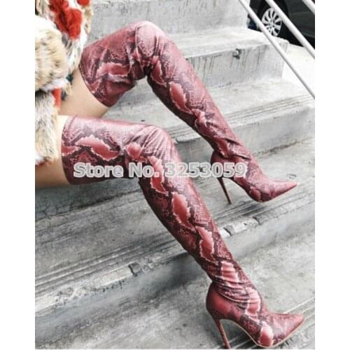 ALMUDENA Sexy Ladies Red Green Beige Python Pattern Printed Autumn Winter Dress Boots Celebrity Snakeskin Boots Slim Thigh Boots