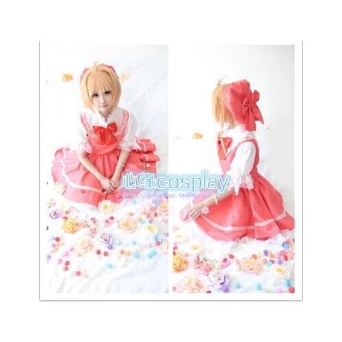 Anime CARDCAPTOR SAKURA cosplay KINOMOTO SAKURA cos party harujuku halloween party full set 4in1(Dresses+hat+Tie+whiteskirt)