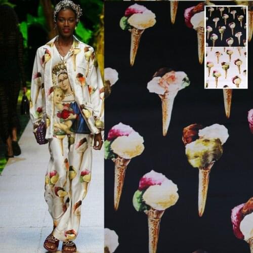 145cm Ice Cream Printed Satin Fabric Italian Fashion Week Catwalk Handmade Diy Dress Scarf Fabrics Wholesale Cloth Sewing