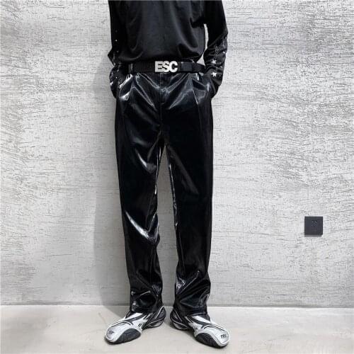 Punk Style Shiny Faux Leather Casual Pants Mens Patent Leather Straight Leg Pants Stage Nightclub Mirror Leather Pants