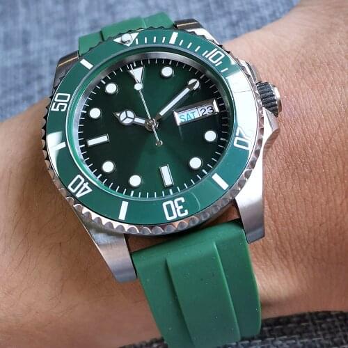 24Jewels NH36A Automatic Men Watch Bliger 40mm Sapphire Glass Date Week Green Dial Rotating Bezel Rubber Band Luminous Sub Watc