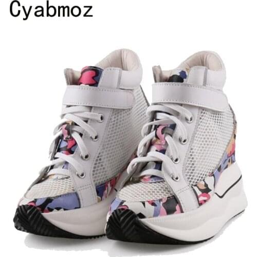 Cyabmoz Summer Height increasing Shoes Woman Sneakers High heels Pumps Breathable Hollow Mesh Women Party Platform Ladies Shoes
