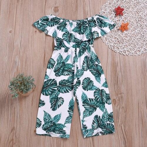 Kids Baby Girl Overalls Off-shoulder Printed Green Leaf Romper Jumpsuit Sunsuit Summer Girls Clothes Outfits
