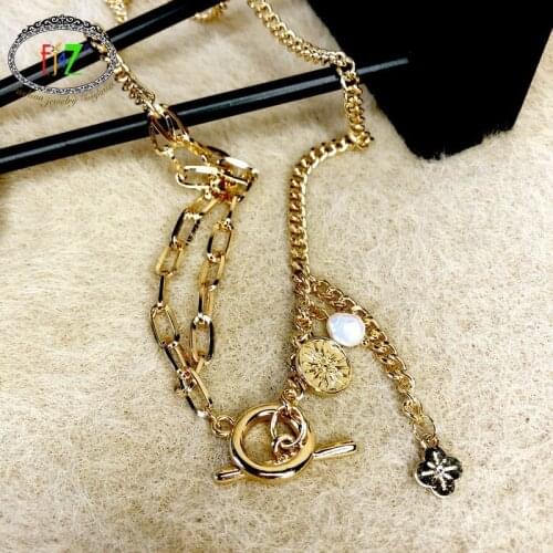 F.J4Z 2021 Trend Necklace for Women Vintage Alloy Chain Collars Simulated Pearl Coin Charms Toggle Pendant Necklace Gift