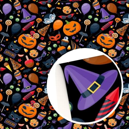 Halloween Faux Leather Sheets Printed Synthetic Leather Fabric for DIY Earrings Hair Bows Handbags Pouches Crafts,1Yc19467