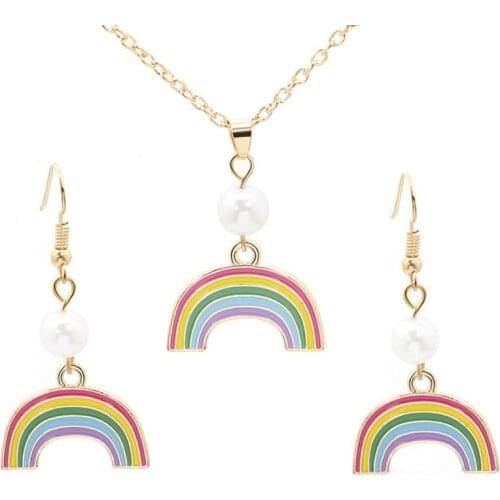 Fashion Colorful Rainbow Pendant Enamel Necklace Jewerly Set Fashion Girl Lady Necklace For Frienship Gift