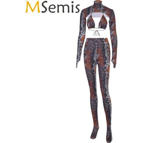 MSemis Women Fashion Snakeskin Printed High Neck Long Sleeve Crop Top with Lace-up Bra Pantyhose Leggings Female Exotic Suit