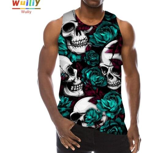Green Rose Skull Graphic Tank Top For Men 3D Print Sleeveless Pattern Top Skeleton Vest Skull Painting Tops Hip Hop Top