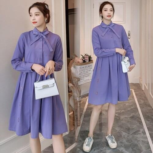 76218# Maternity Clothes Spring Autumn Cotton Long Sleeves Loose Stylish Bow Collar Dress Pregnant Women Mom Dress