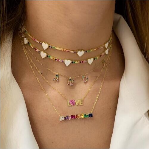 Charms Choker Enamel Heart Rainbow Crystal Necklaces for Women Micro Pave Colorful CZ Cubic Zirconia Women Jewelry Gift