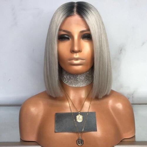 Deep Part bob wig ombre Grey lace front human hair straight 180 Density for black women Brazilian pre plucked bleached knots