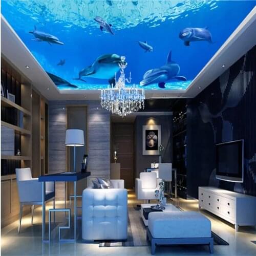 Beibehang Custom ceiling 3d wallpaper mural blue fantasy underwater world dolphin ceiling decoration background 3d wallpaper