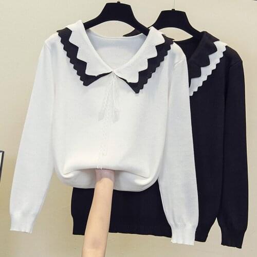 Black White Bow Knitted Plus Large Size Oversize Korean Style Fashion Pullovers For WomenS Ladies Sweater 2021 Clothes Tops