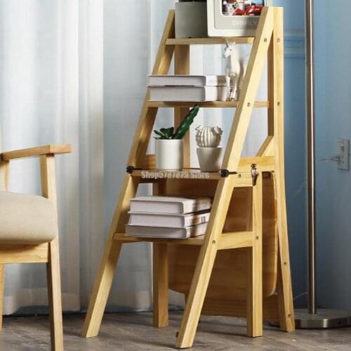 Solid Wood Deformable Four Step Ladder Chair Indoor Multi-function Household Folding Ladder Chair Dual Purpose Ladder Stool Clim